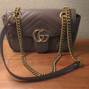 GG Taupe Leather Shoulder Bag with Gold Chain